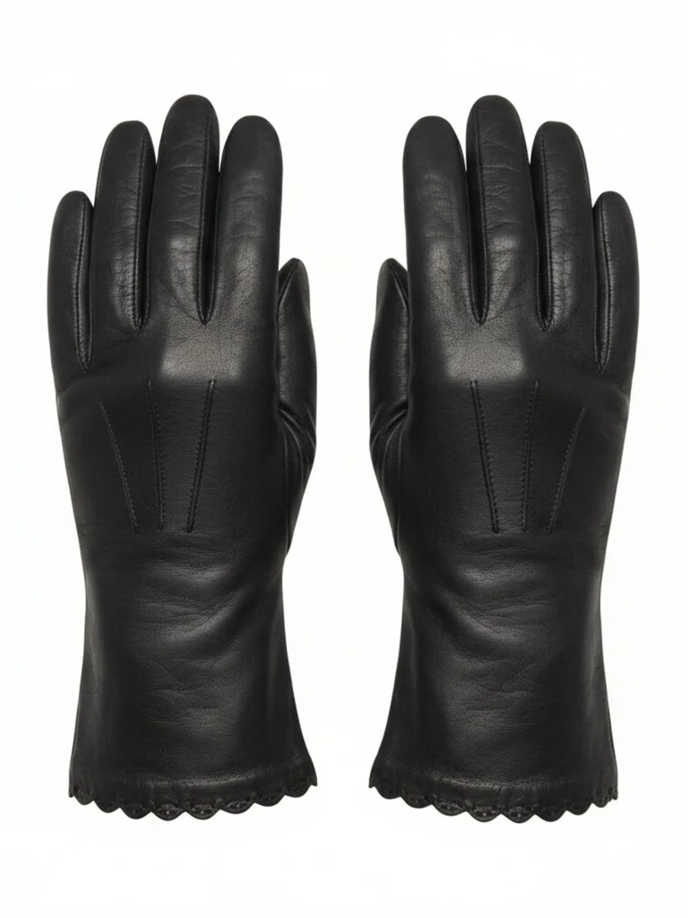 Black Leather Gloves with Scalloped Edge
